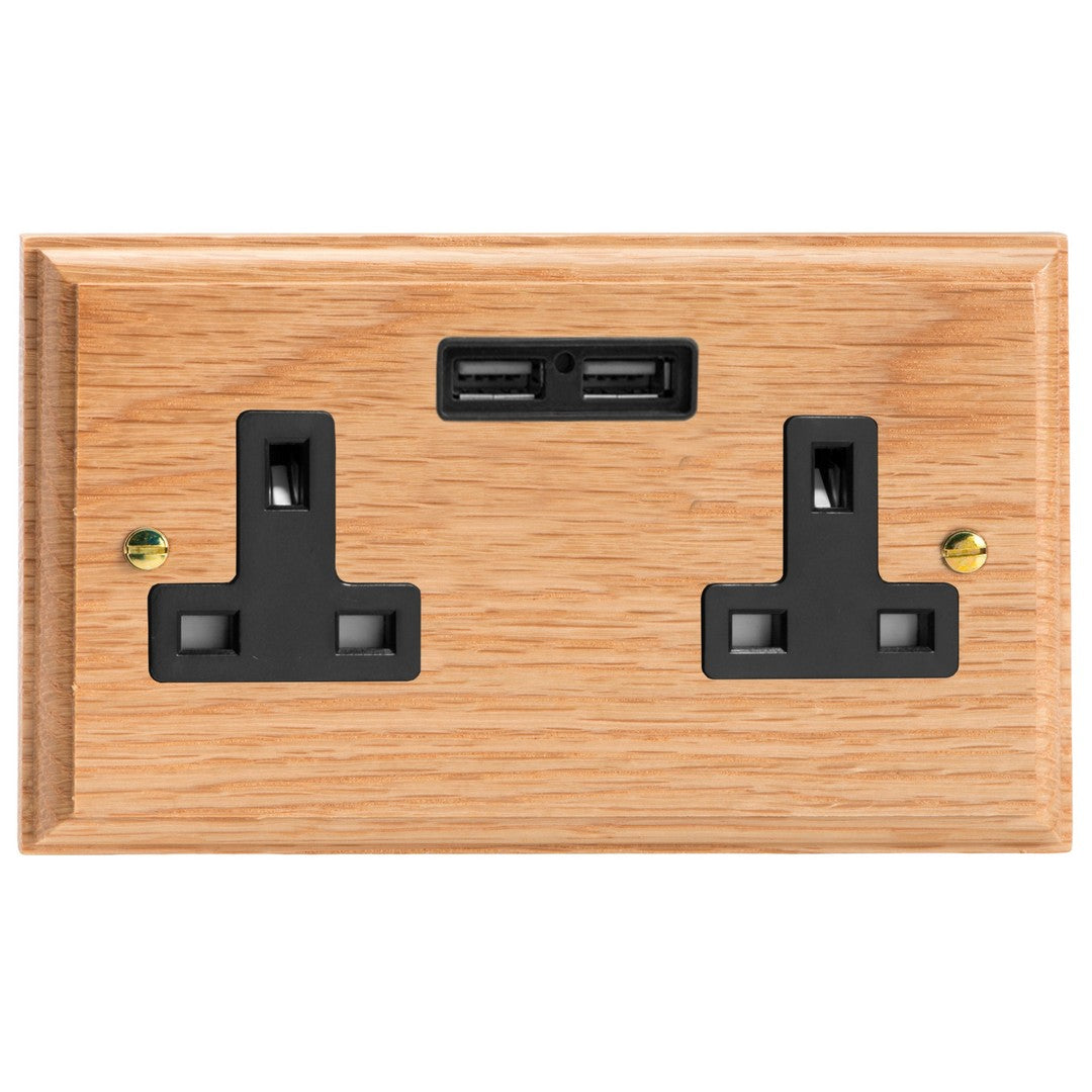 Varilight Kilnwood 2-Gang 13A Unswitched Socket with 2 x 12W Shared USB A Charging Ports - XK5U2OB