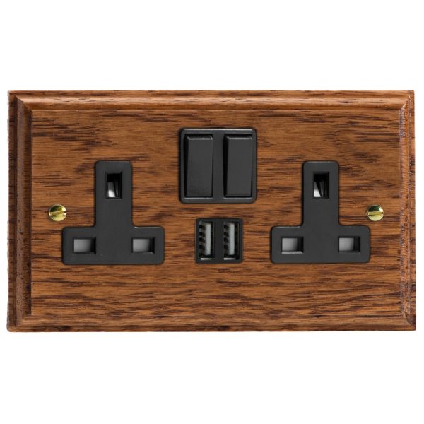 Varilight Kilnwood Double Socket with 2 x 12W Shared USB A Charging Ports -  XK5U2SMOB