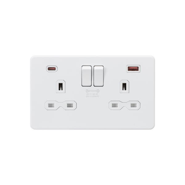 Matt White 13A 2G DP Switched Socket with Dual USB A+C 20V DC 2.25A (Max. 45W) with White Insert - SFR9945MW image 0