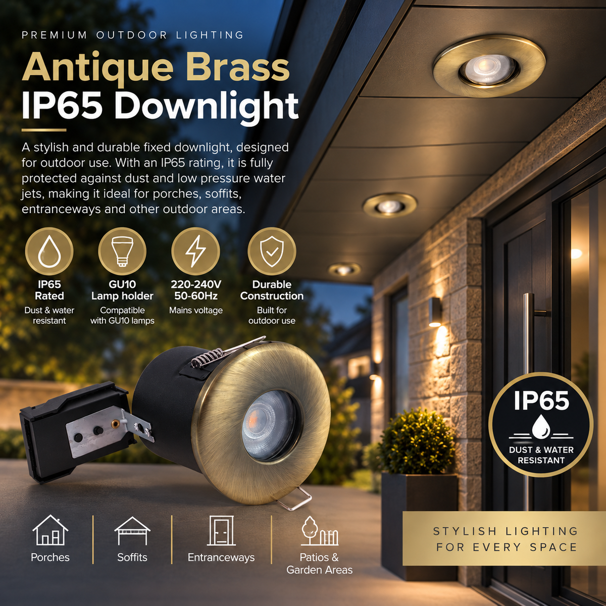 Antique Brass - IP65 Shower Bathroom GU10 Downlight Fire Rated - VUEP563