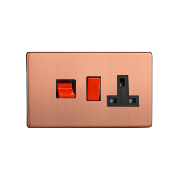 Brushed Copper Urban Screwless 45A Cooker Panel with 13A Double Pole Switched Socket Outlet (Red Rocker) XDY45PBS.BC image 0