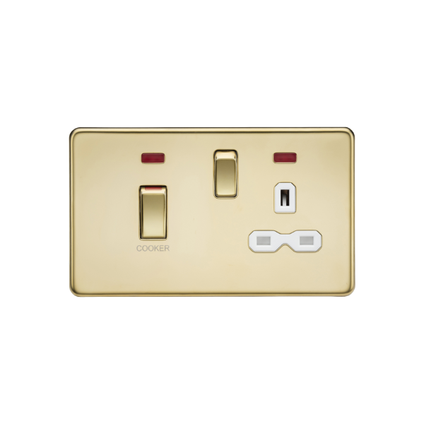 Polished Brass 45A DP Switch & 13A Socket with Neons with White Insert - SFR83MNPBW image 0