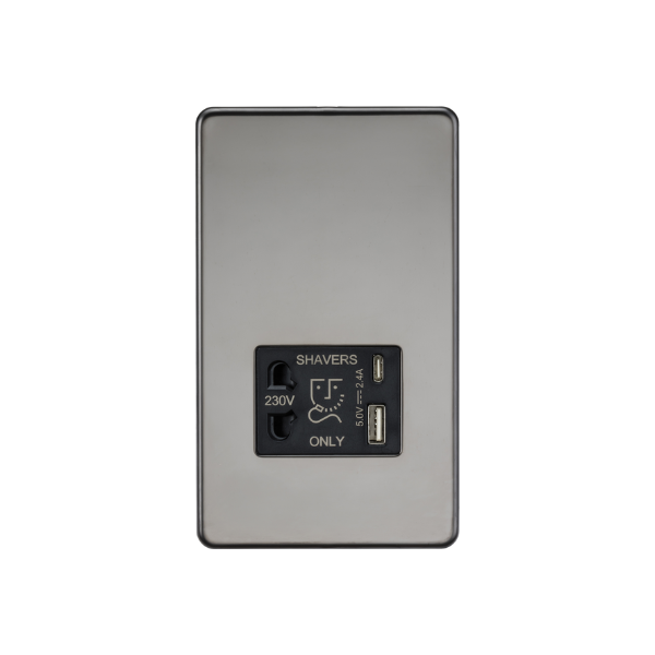 Black Nickel 230V Shaver Socket with Dual USB A+C [5V DC 2.4A shared] with Black Insert - SF8909BN image 0