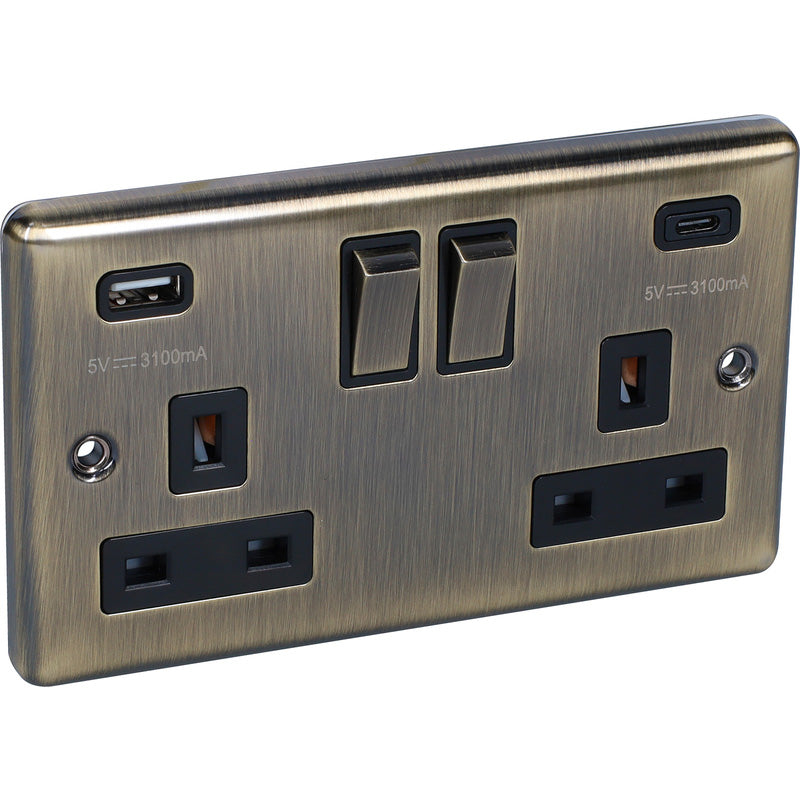 Windsor Antique Brass USB A & C Type Switched Socket 2 Gang 3.1A - W67AB image 0