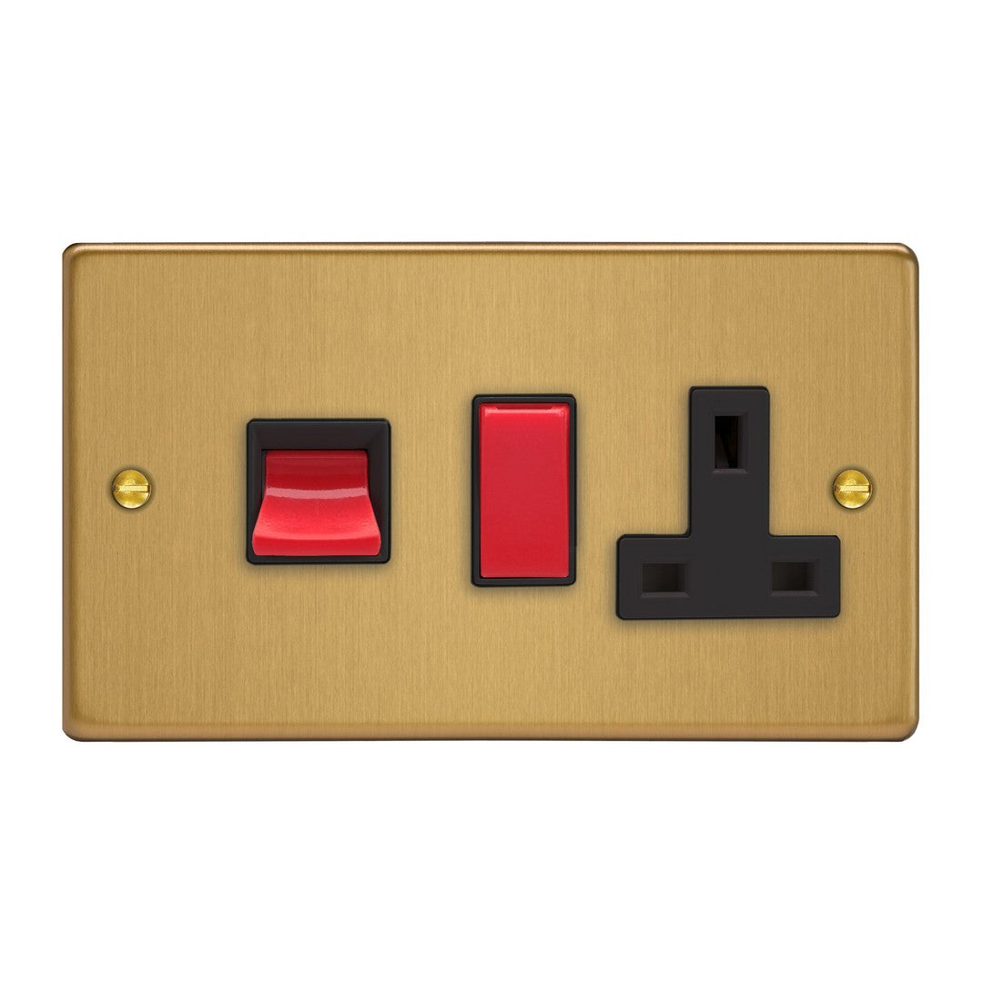Brushed Brass 45A Cooker Panel with 13A Double Pole Switched Socket Outlet (Red Rocker) XDE45PB.BB image 0