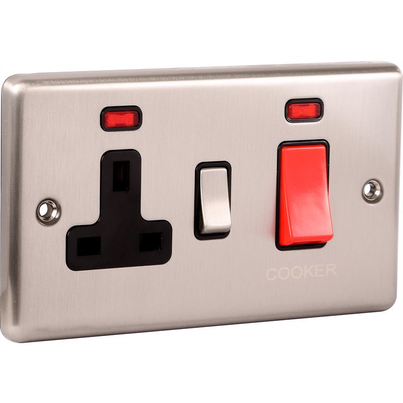 Brushed Steel 45A Cooker Switch with Socket -  W41BSB image 0