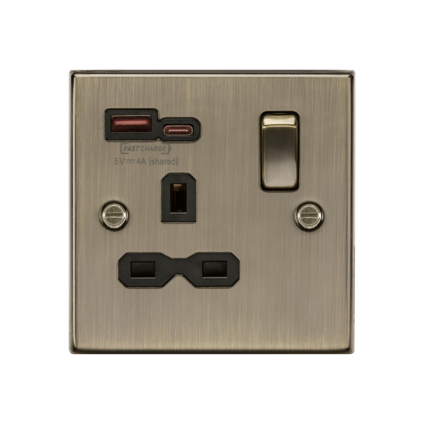 Antique Brass 13A 1G SP Switched Socket with Dual USB A+C 12V DC 1.5A [Max. 18W] with Black Insert - CS9919AB image 0