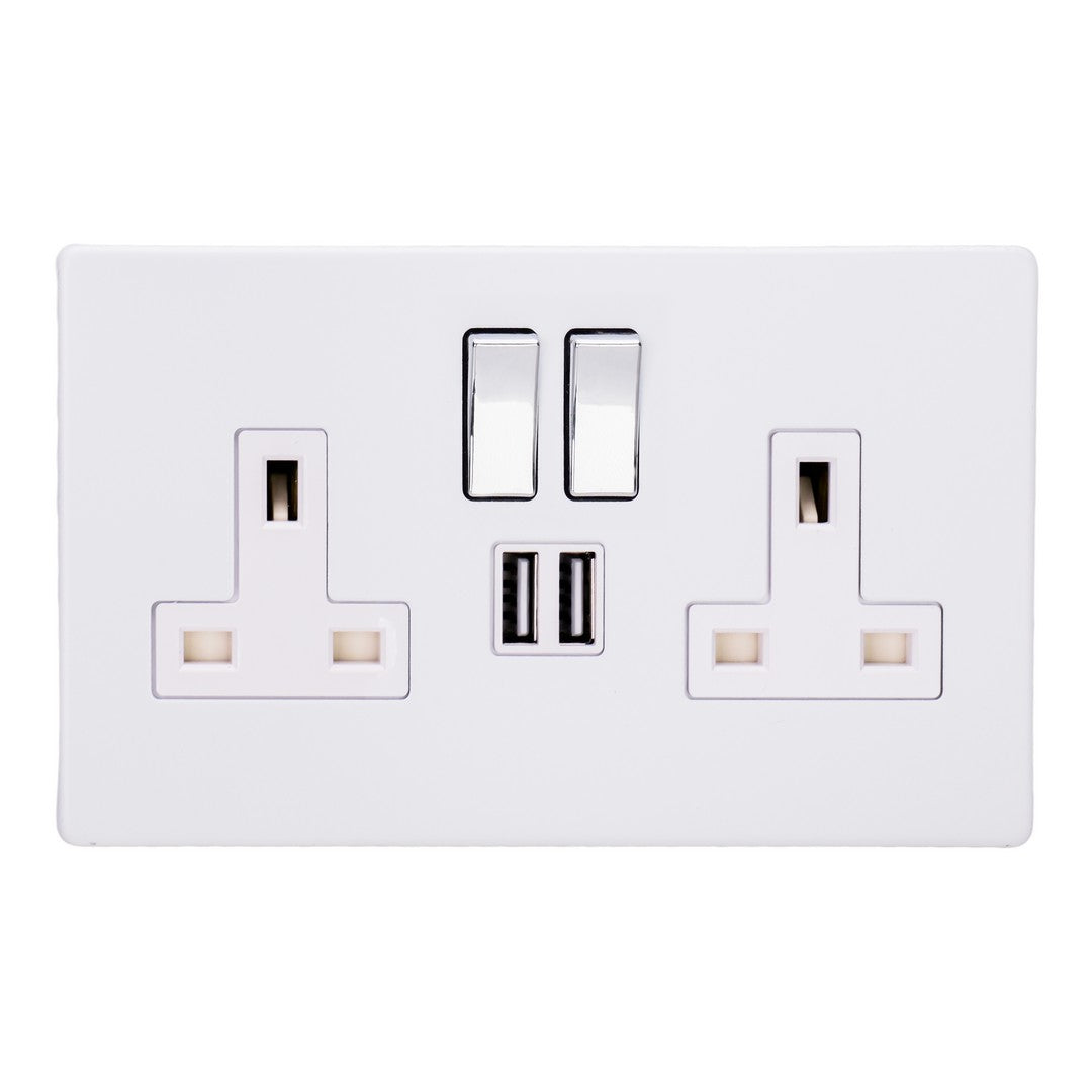 Varilight Primed 2-Gang 13A Single Pole Switched Socket + 2x5V DC 2100mA USB Charging Ports XDY5U2SWS.PD image 0