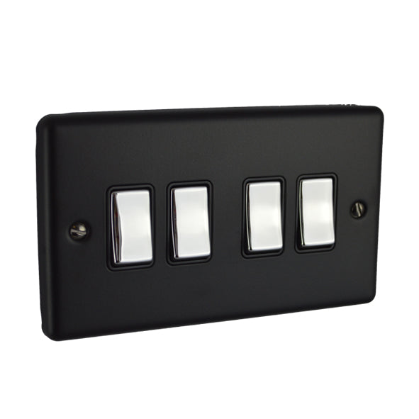 Matt Black 4 Gang 10A 2 Way Switch with Polished Chrome Rocker W04MBPC image 0