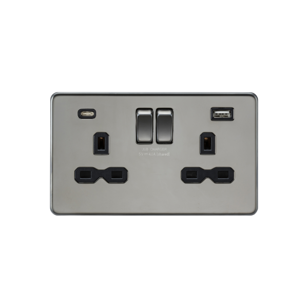 Black Nickel 13A 2G SP Switched Socket with Dual USB A+C (5V DC 4.0A shared) with Black Insert -  SFR9940BN image 0