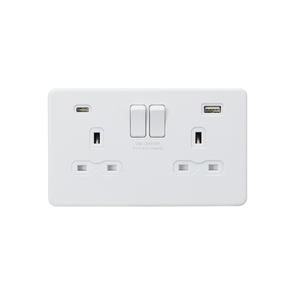 Matt White 13A 2G SP Switched Socket with Dual USB A+C (5V DC 4.0A shared) with White Insert - SFR9940MW image 0