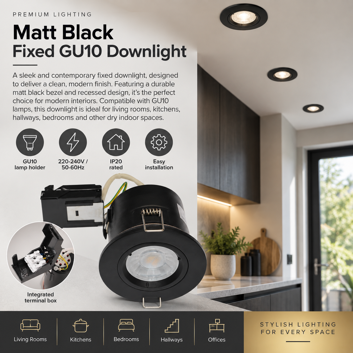 Matt Black Fixed Fire Rated Downlights with Push Connection - VUEP565