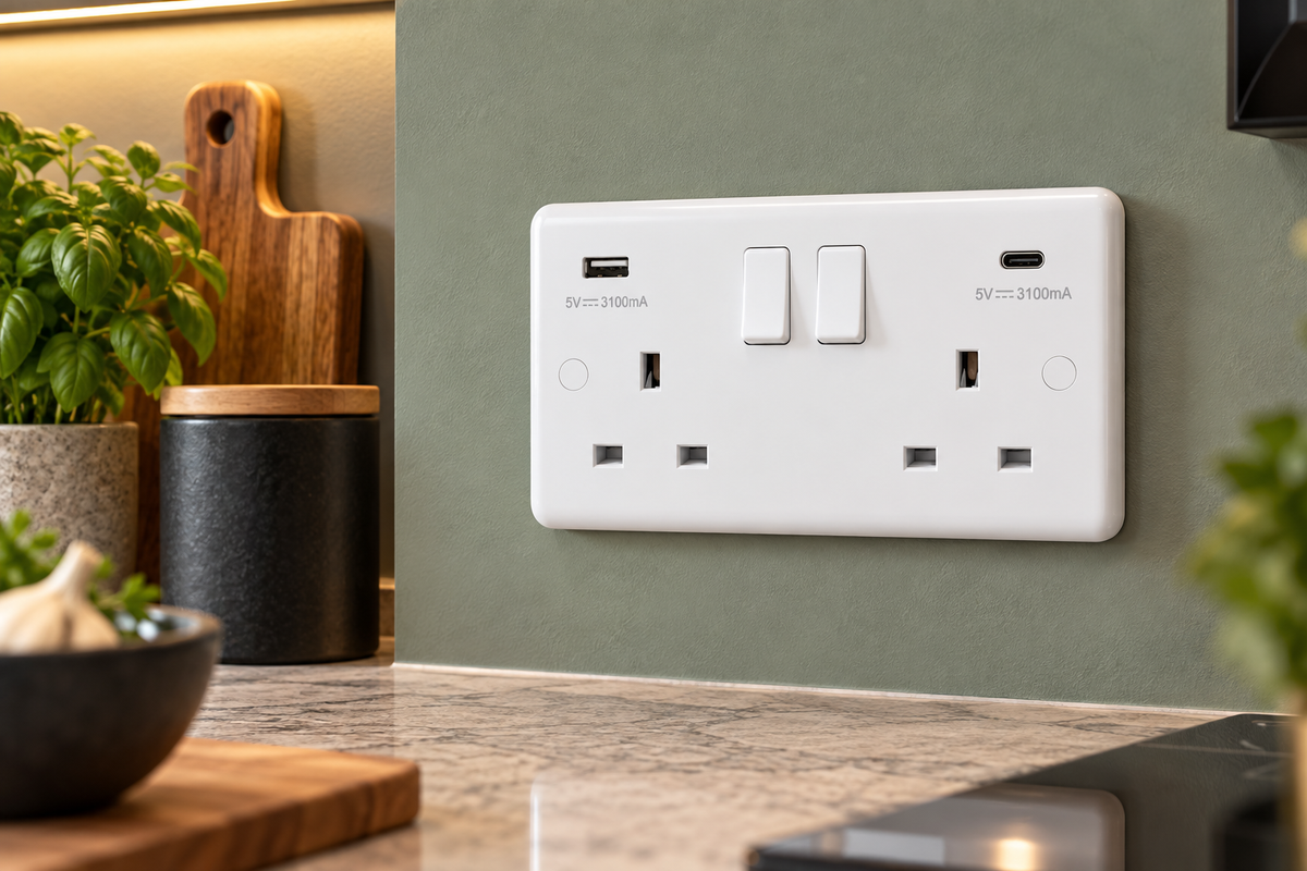 Studio White USB Switched Socket 2 Gang 3.1A USB A & C Type - ST67W
