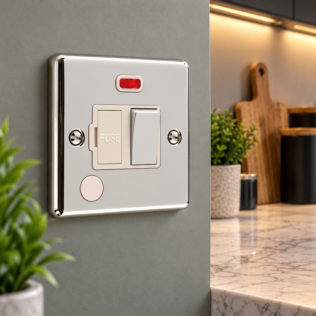 Polished Chrome 13A Switched Fuse Spur with Neon - W39PCW