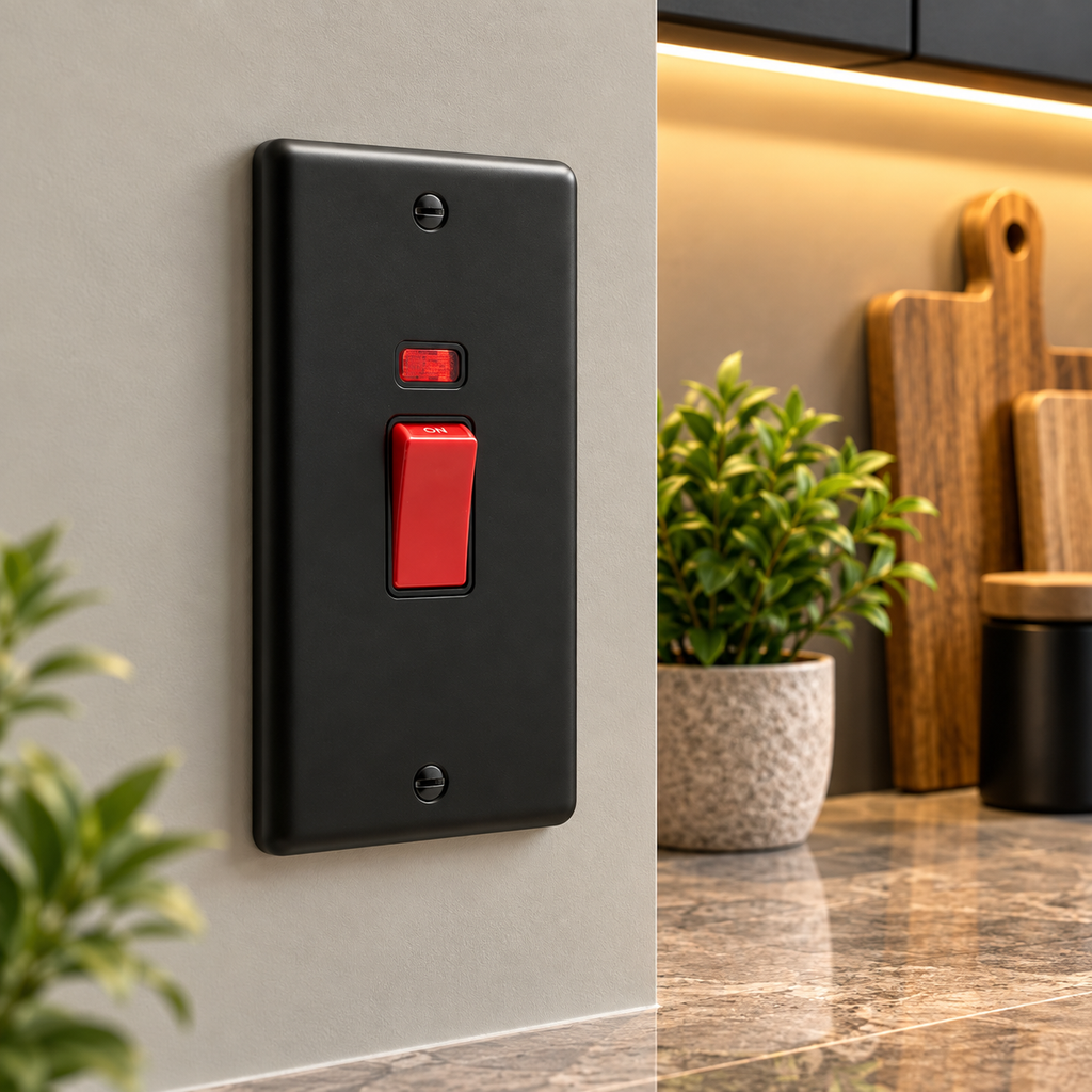 Windsor Matt Black 45A Double Cooker Switch with Neon Vertical - W40MBB