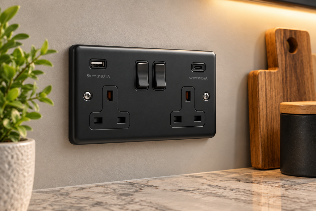 Windsor Matt Black Double Socket with Two USB Ports A & C 3.1A W67MBB